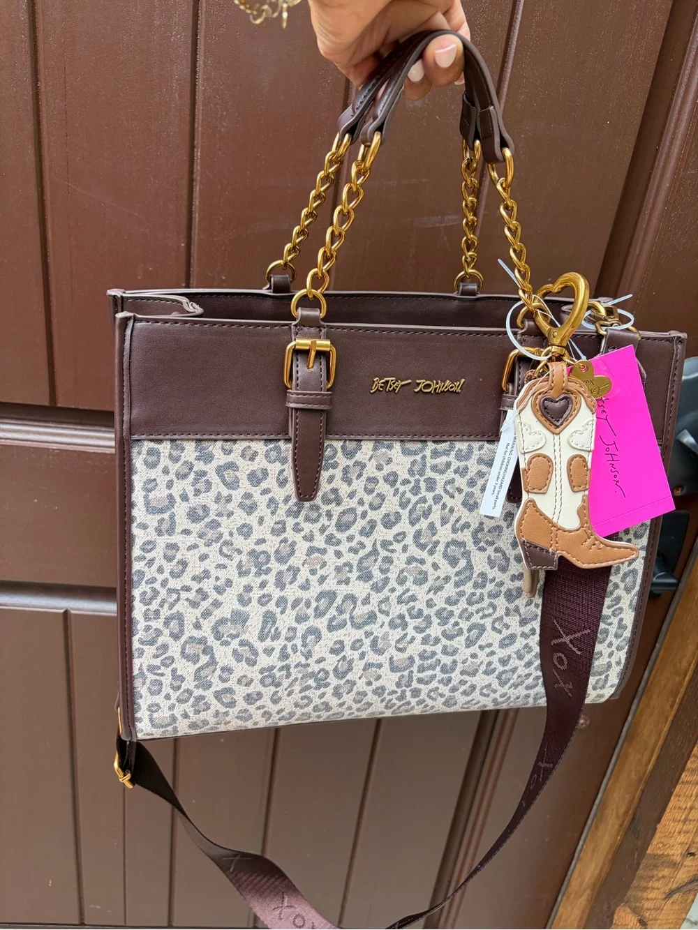 Betsey Johnson Brown Leopard-Print Satchel with Gold Chain Handles
